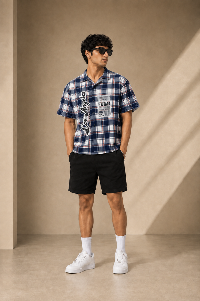 UrbanFit Blue & White Checkered Casual Shirt for Men
