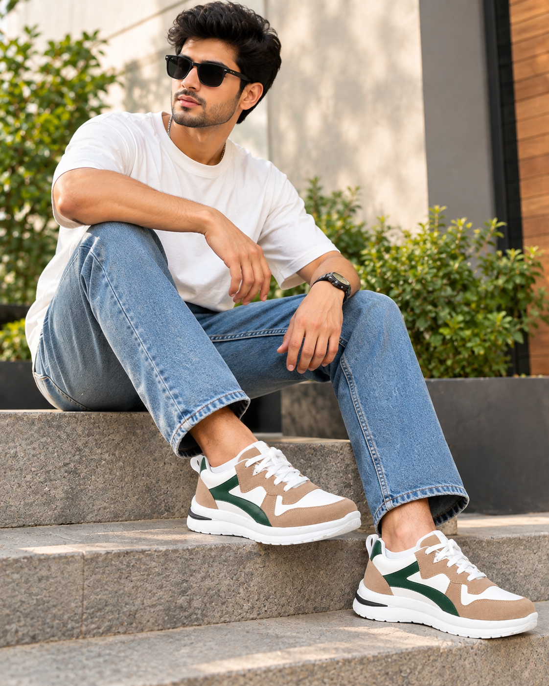 UrbanFit Classic Street Sneakers – White, Tan & Green