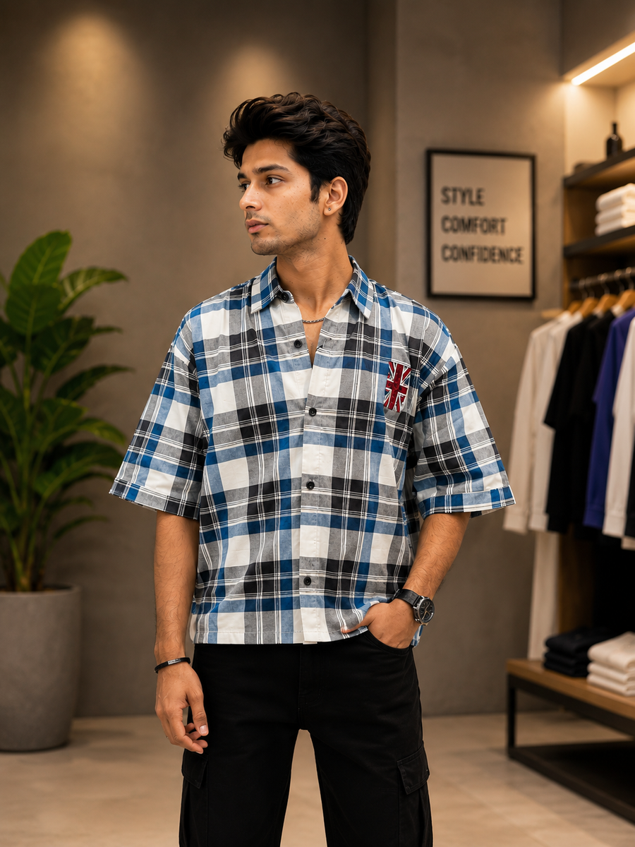UrbanFit Men's Blue & White Checkered Oversized Shirt